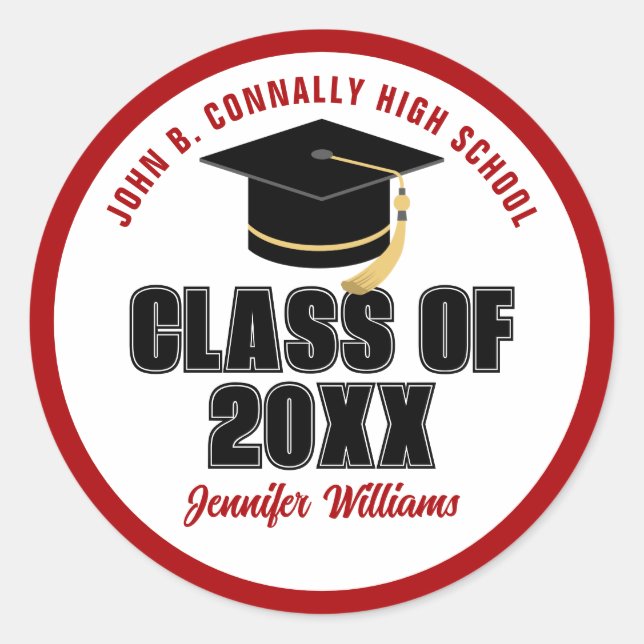 Class of 2025 Red White Personalised Graduate Name Classic Round Sticker (Front)