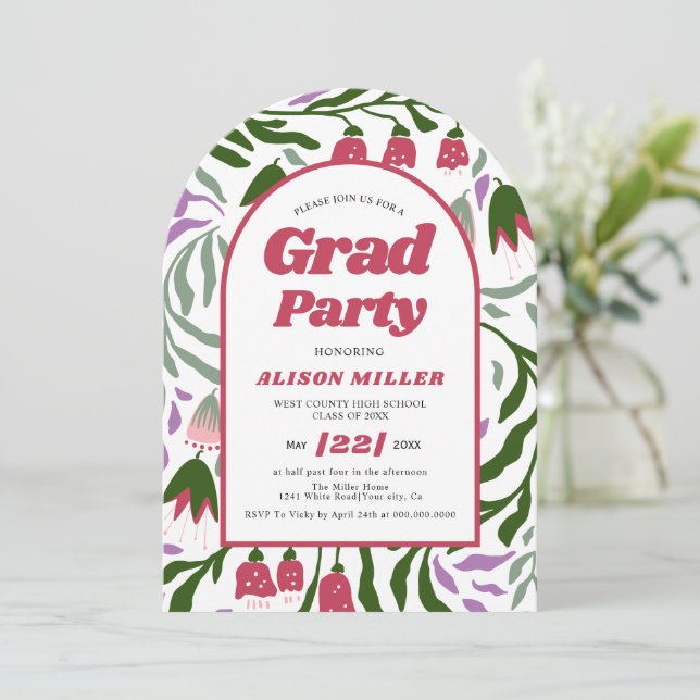 Class Of 2025 retro flowers Graduation arched Invitation (Standing Front)