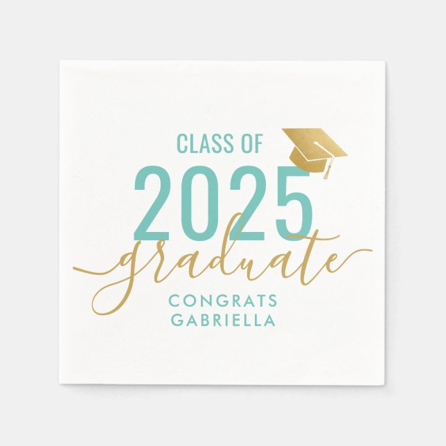 Class of 2025 Teal Gold Graduation Napkin (Front)