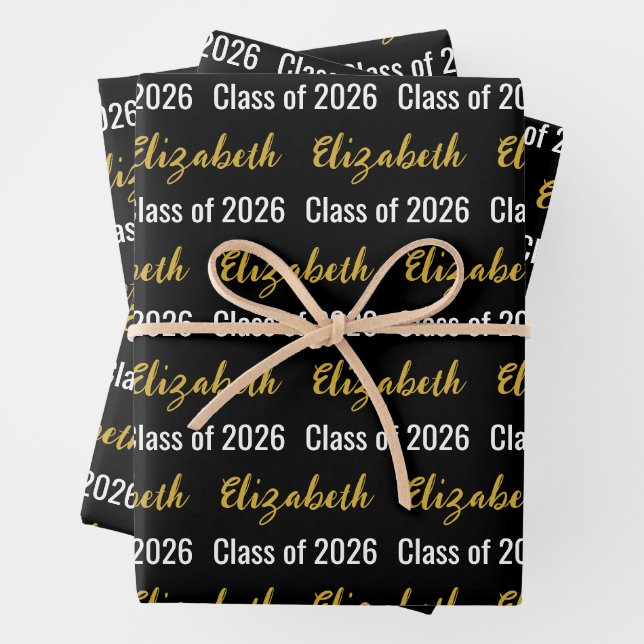 Class of 2026 and Graduate's Name Black White Gold Wrapping Paper Sheet (In situ)