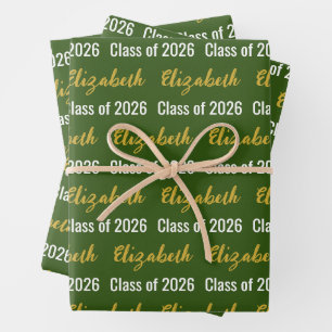 Class of 2026 and Graduate's Name Green White Gold Wrapping Paper Sheet