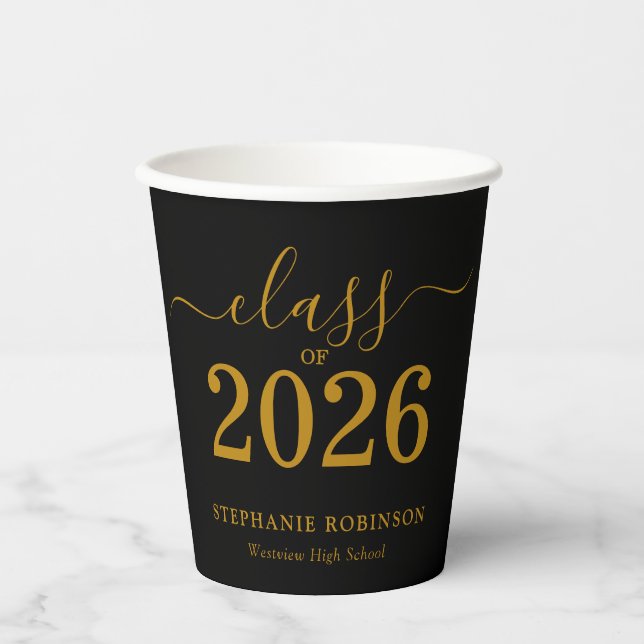 Class of 2026 Black Gold Graduation  Paper Cups (Front)