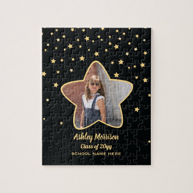 Class of 2026 Black & Gold Stars Photo Graduation Jigsaw Puzzle (Vertical)