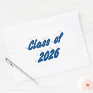 Class of 2026 blue typography graduation oval sticker