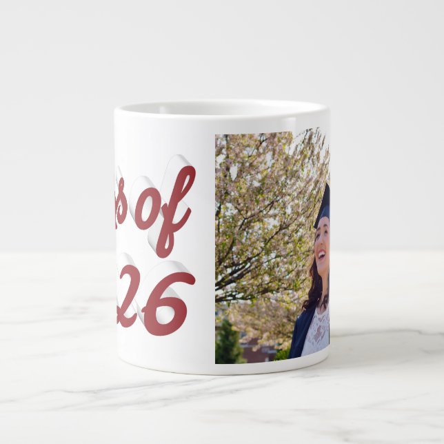 Class of 2026 burgundy script graduation photo  large coffee mug (Front)
