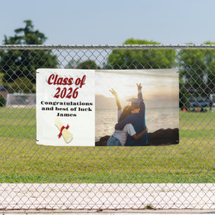 Class of 2026 burgundy text graduation photo banner