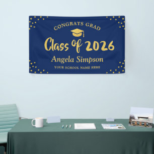 Class of 2026 Dark Blue Gold Graduation Display Banner