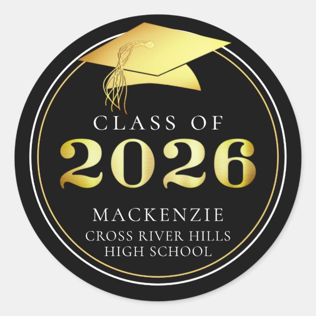 Class of 2026 Elegant Black Gold Personalised Classic Round Sticker (Front)