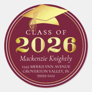 Class of 2026 Elegant Burgundy Maroon Gold Classic Round Sticker