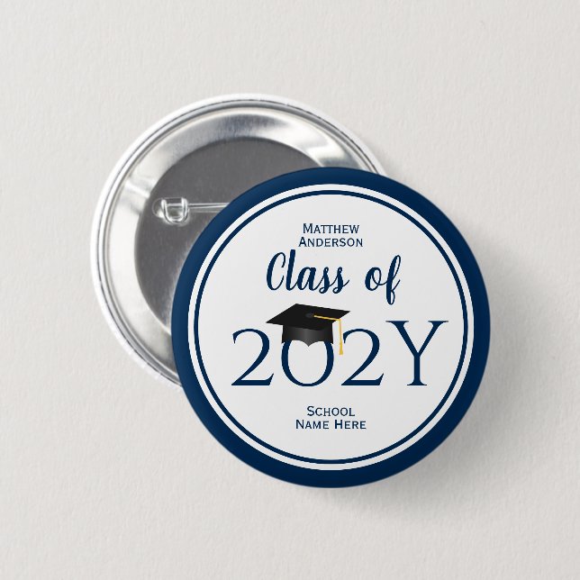 Class of 2026 Elegant Navy Blue Graduation Party 6 Cm Round Badge (Front & Back)