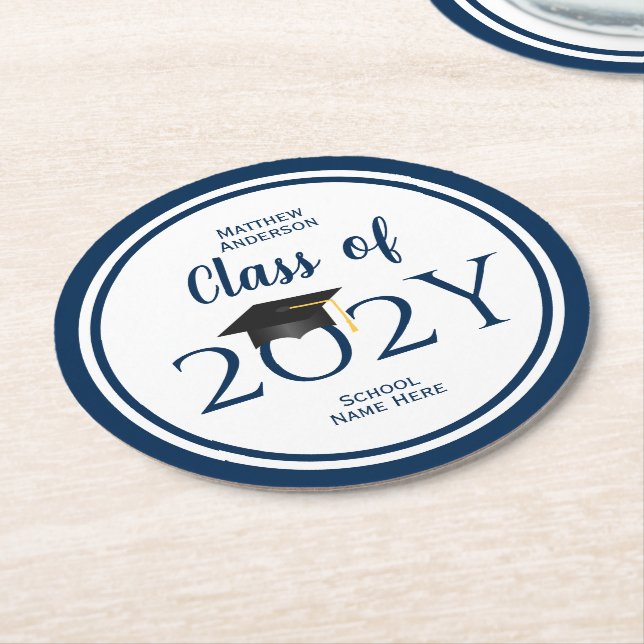 Class of 2026 Elegant Navy Blue Graduation Party Round Paper Coaster (Angled)