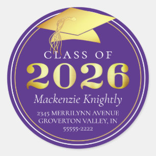 Class of 2026 Elegant Purple Gold Return Address Classic Round Sticker