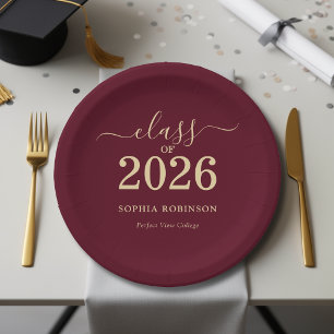 Class of 2026 Gold Burgundy Graduation Party Paper Plate