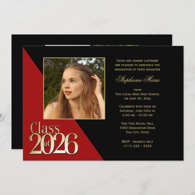 Class of 2026 Gold Grad Red with Photo Invitation (Front/Back)