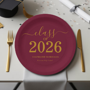 Class of 2026 Gold Maroon Graduation Party Paper Plate