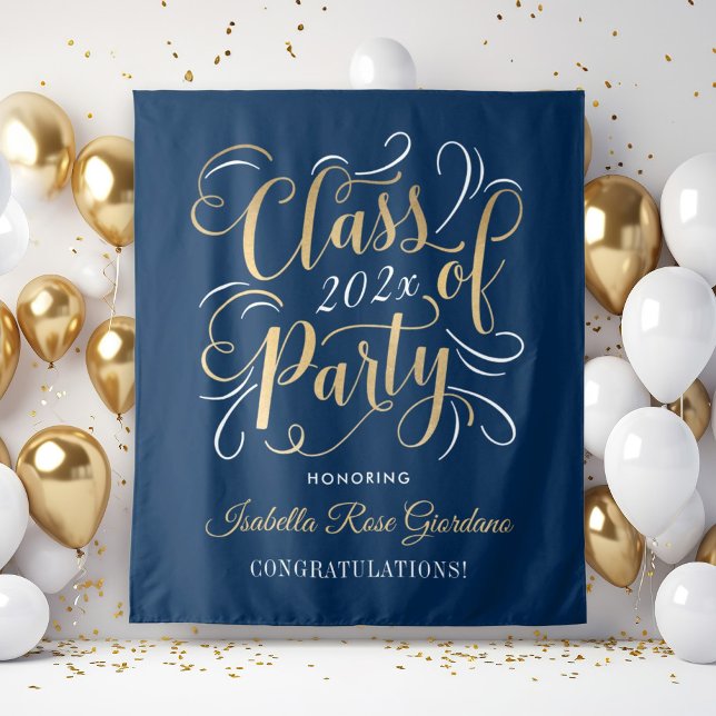 Class of 2026 Gold Navy Custom Graduation Party Tapestry (Creator Uploaded)