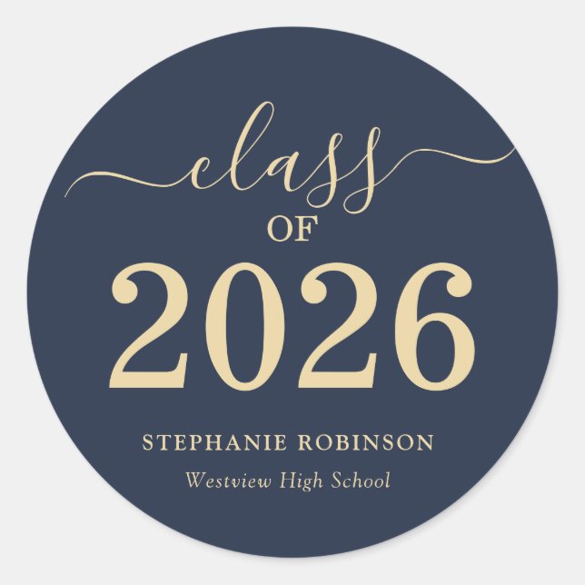 Class of 2026 Gold Script Blue Graduation  Classic Round Sticker (Front)