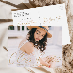 Class of 2026 Gold Script Photo Graduation Party Invitation Postcard