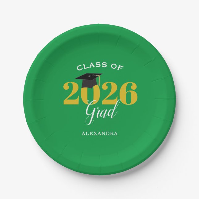 Class of 2026 Grad Simple Green and Gold Paper Plate (Front)