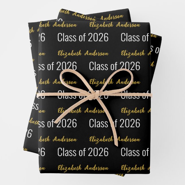Class of 2026 Grad's Full Name Black White Gold Wrapping Paper Sheet (In situ)