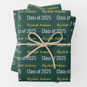 Class of 2026 Grads Full Name Deep Green White  Wrapping Paper Sheet