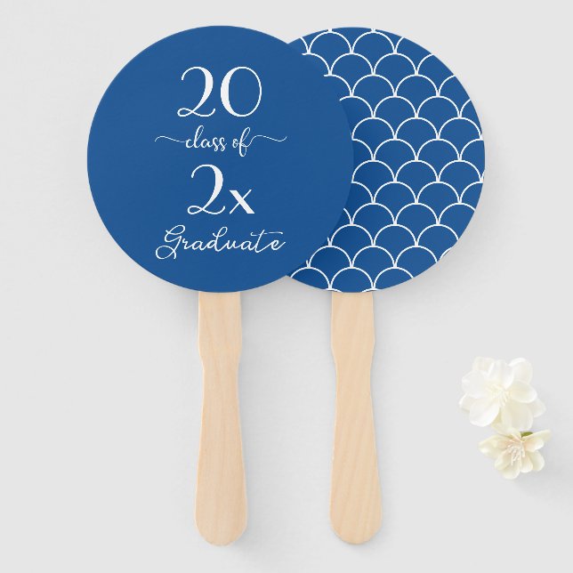 Class Of 2026 Graduate Blue White Pattern Hand Fan (Front and Back)