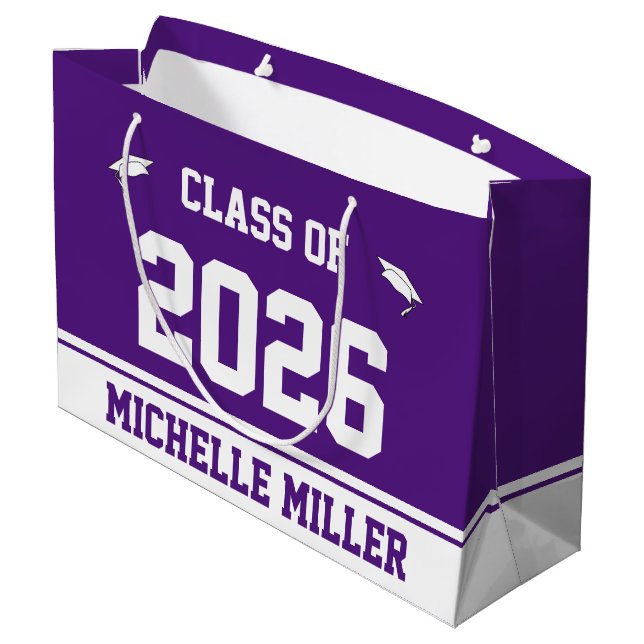 Class of 2026 Graduate Name Royal Purple and White Large Gift Bag (Back Angled)