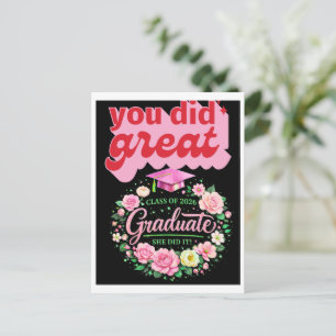 Class of 2026 Graduate She Did It Pink Floral Grad Announcement Postcard
