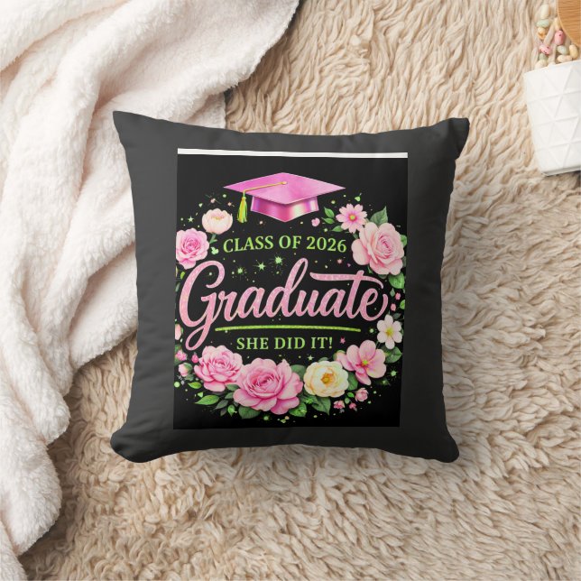 Class of 2026 Graduate She Did It Pink Floral Grad Cushion (Blanket)
