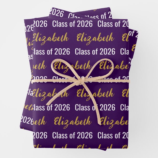 Class of 2026 Graduate's Name Dk Purple White Gold Wrapping Paper Sheet (In situ)