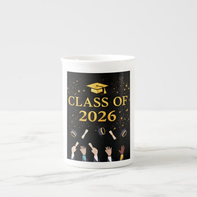 Class of 2026 Graduation Cap Design | Elegant Blac Bone China Mug (Front)