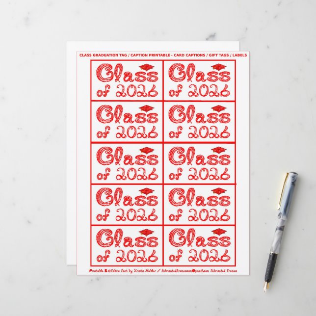 Class of 2026 Graduation Red Tag Captions Paper (Front/Back In Situ)