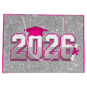 Class of 2026 Hot Pink Silver Glitter Varsity Grad Large Gift Bag