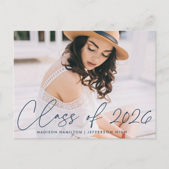 Class of 2026 Navy Script Photo Graduation Party Invitation Postcard (Front)