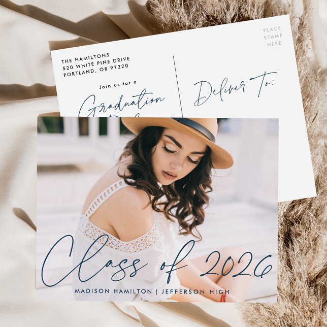 Class of 2026 Navy Script Photo Graduation Party Invitation Postcard (Creator Uploaded)