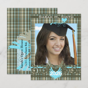Class of 2026 Olive Green & Blue Plaid Graduation Invitation Postcard