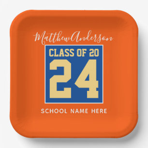 Class of 2026 Orange Blue & Gold Graduation Party Paper Plate