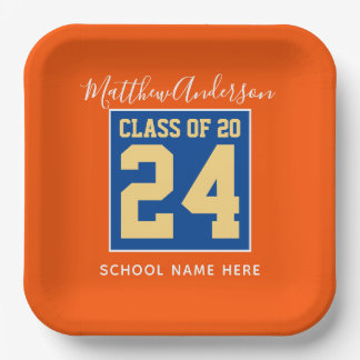 Class of 2026 Orange Blue & Gold Graduation Party Paper Plate