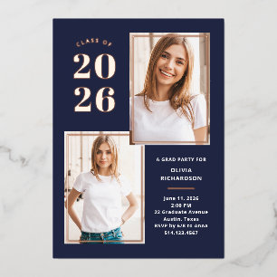 Class of 2026 Photo Navy and Rose Gold Grad Party