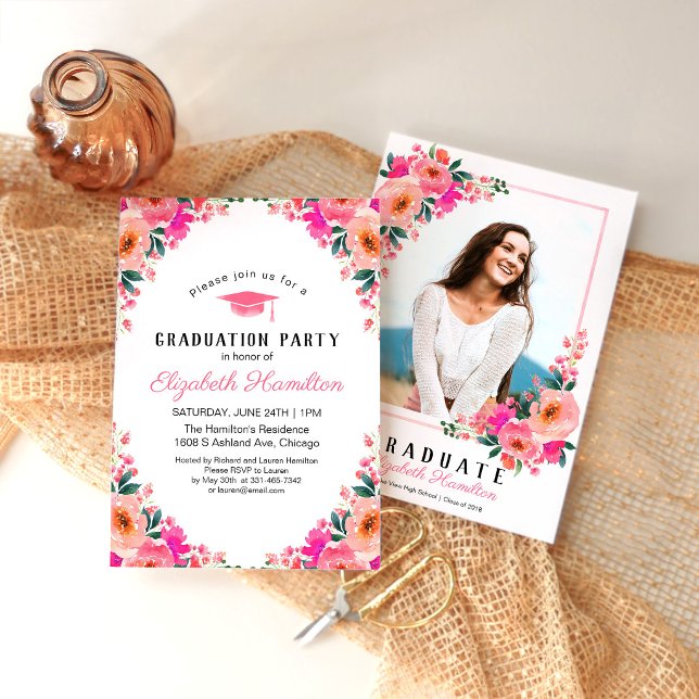 Class of 2026 Pink Floral Frame Photo Grad Invite (Creator Uploaded)