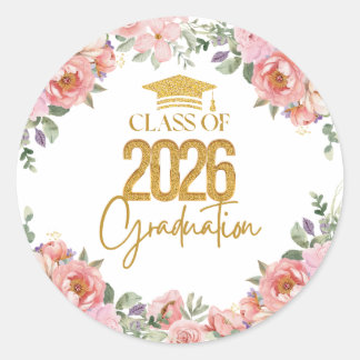 Class of 2026, Pink Gold Floral Theme Classic Round Sticker