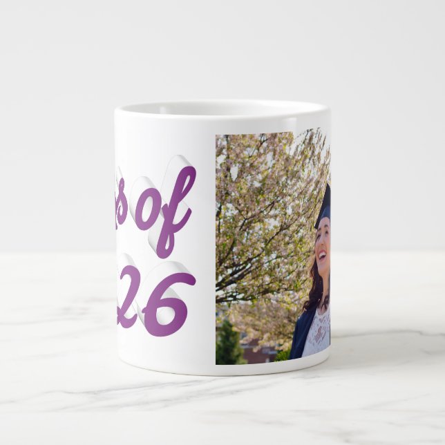 Class of 2026 purple script graduation photo  large coffee mug (Front)