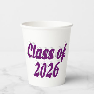 Class of 2026 purple text graduation paper cups