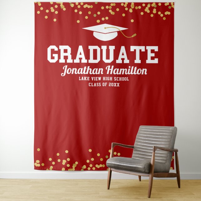 Class of 2026 Red Gold Graduation Party Backdrop Tapestry (In Situ)