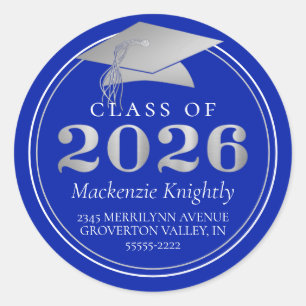 Class of 2026 Royal Blue Silver Return Address Classic Round Sticker