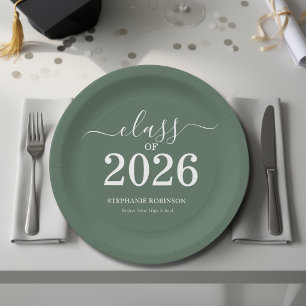 Class of 2026 Sage Green Graduation Party Paper Plate
