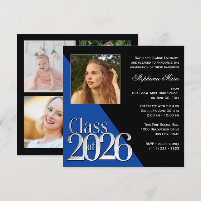 Class of 2026 Silver Grad Blue with Photo Invitation (Front/Back)