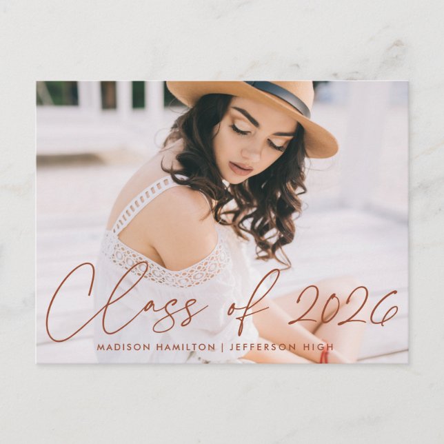Class of 2026 Terracotta Script Graduation Party Invitation Postcard (Front)