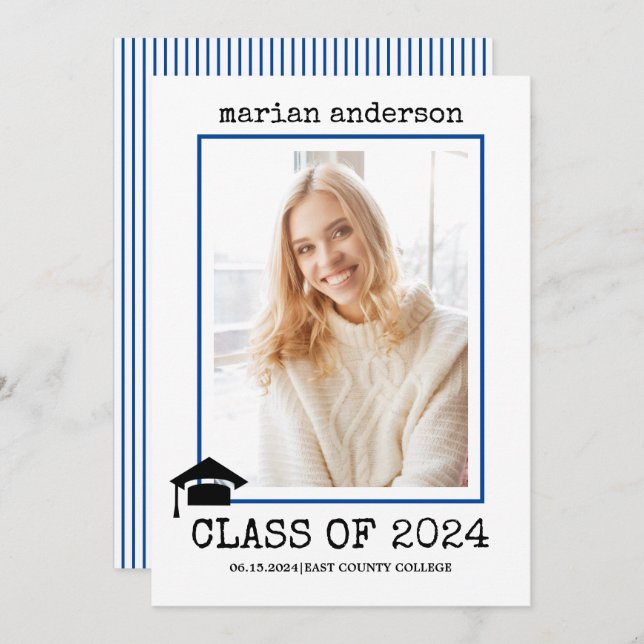 Class of 2026 typewriter blue graduation photo invitation (Front/Back)