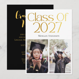 Class of 2027 2 Photo Black and Gold Typography Invitation